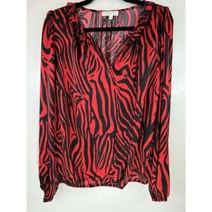 Blousology Red/Black Zebra Print Blouse Ruffled Collar Size M